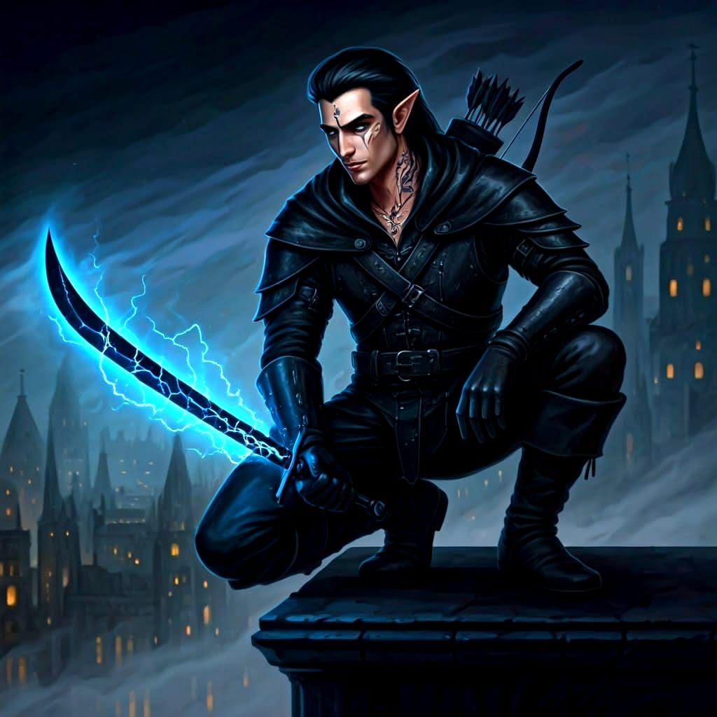 Half Elf Rogue on Rooftop at Night