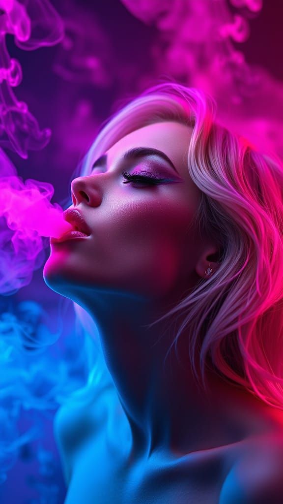 Woman Exhaling Pink Smoke in Cyberpunk Style