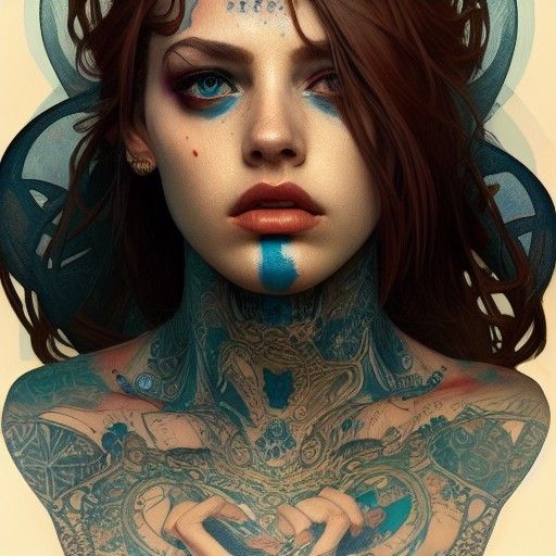 Tattooed Woman Portrait in Acid Punk Style