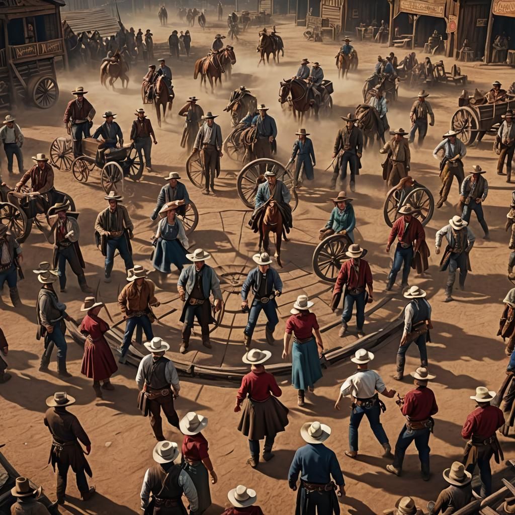 Line Dancers Form Wagon Wheel in Fantasy Art Style