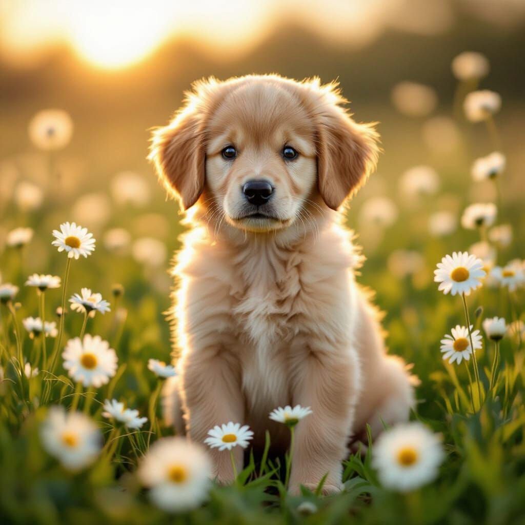 Golden Retriever Puppy in Daisy Meadow with Golden Hour Ligh...