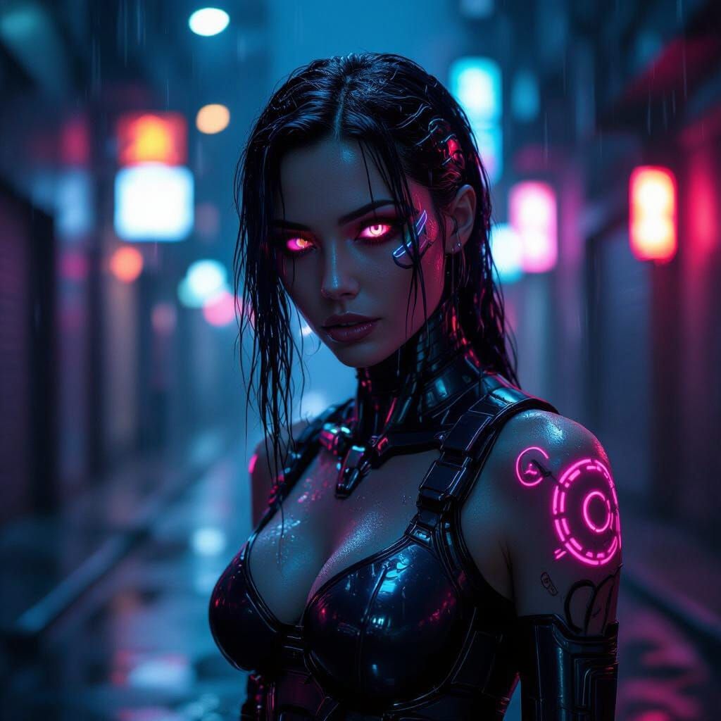Hyperrealistic Cyborg Woman in a Neon Cityscape
