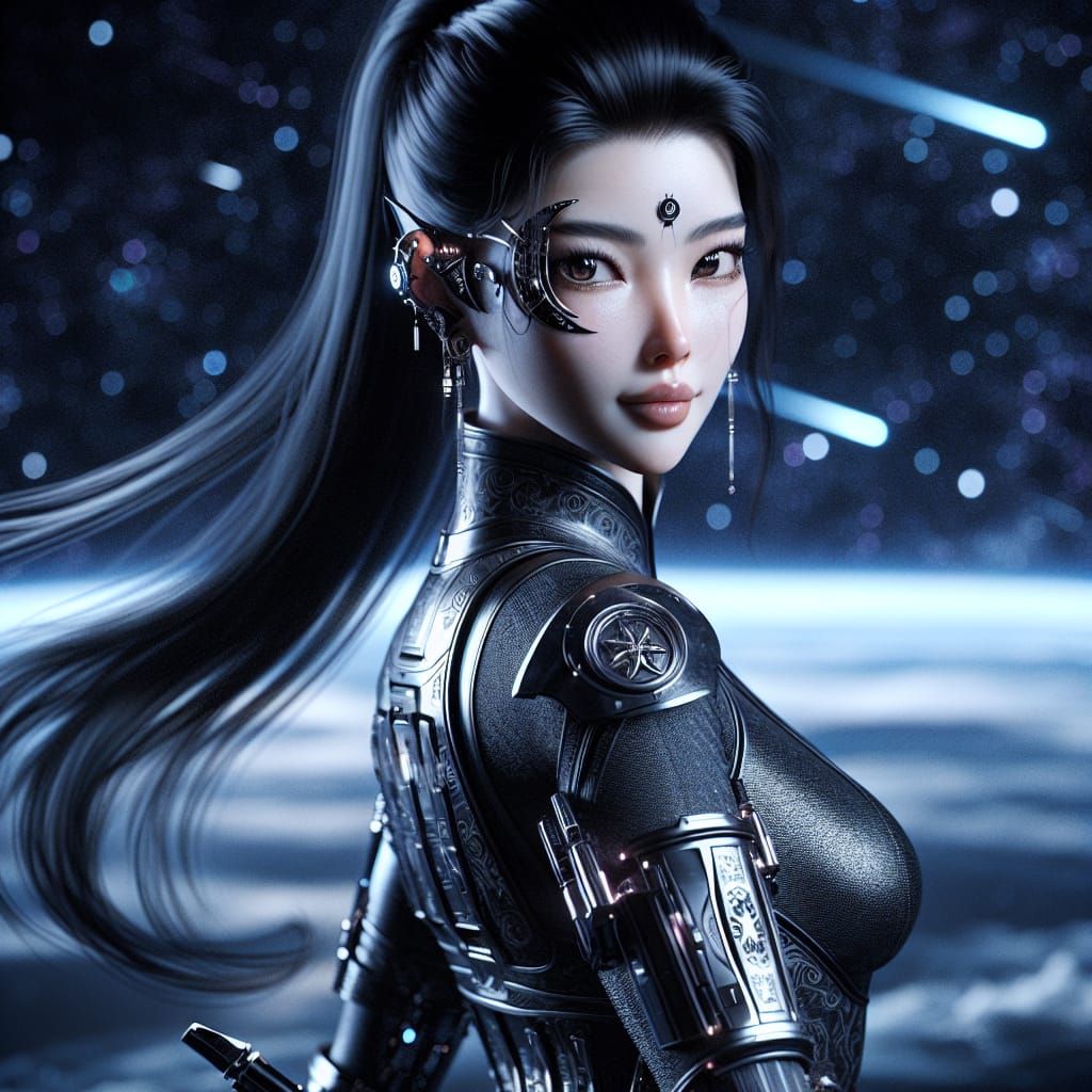 Confident Cybernetic Space Pirate Satureya in Space