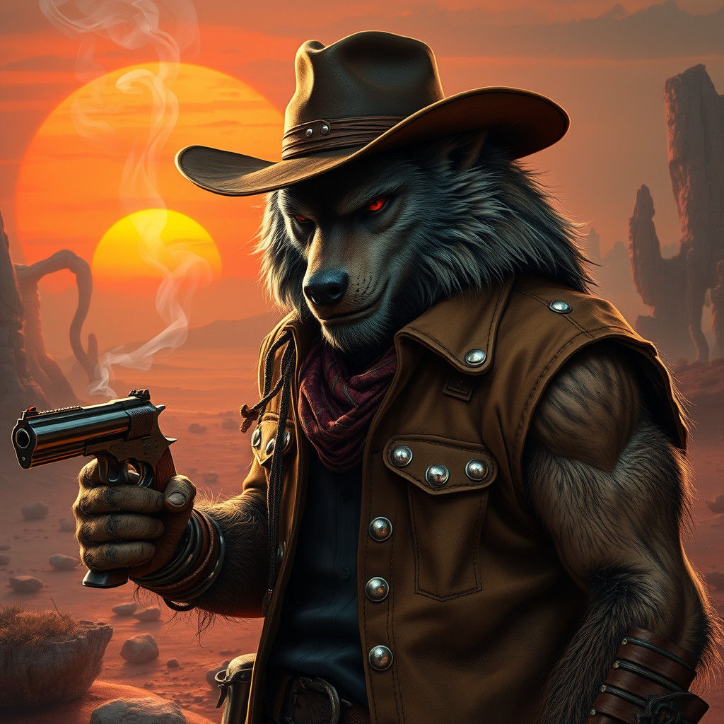 Werewolf Cowboy with Smoking Gun in Desert Landscape