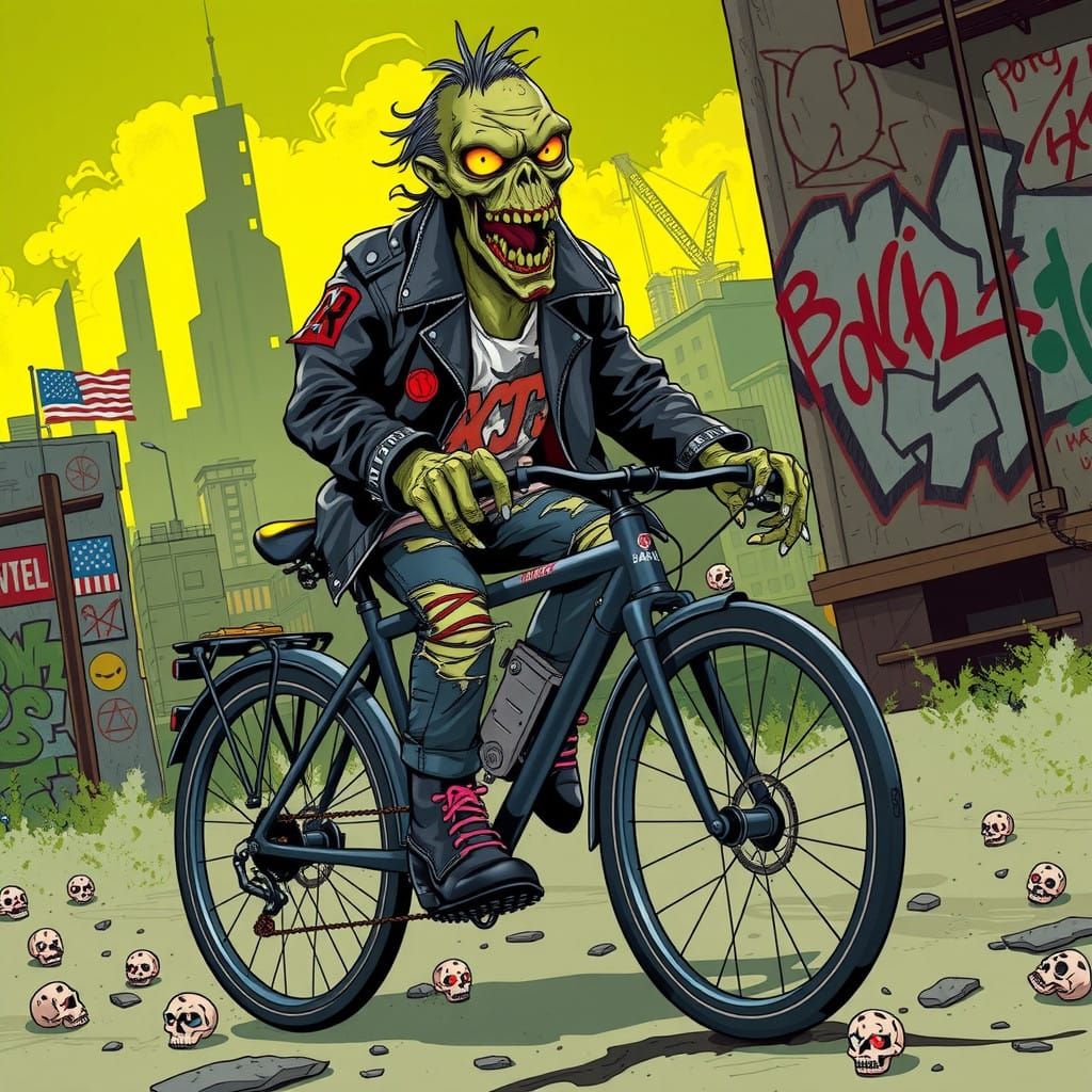 Grotesque Zombie Rides Sleek Bicycle through Gritty City