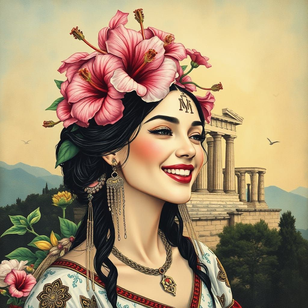 Maiden with Hibiscus Crown and Acropolis, in Alcohol Ink Sty...