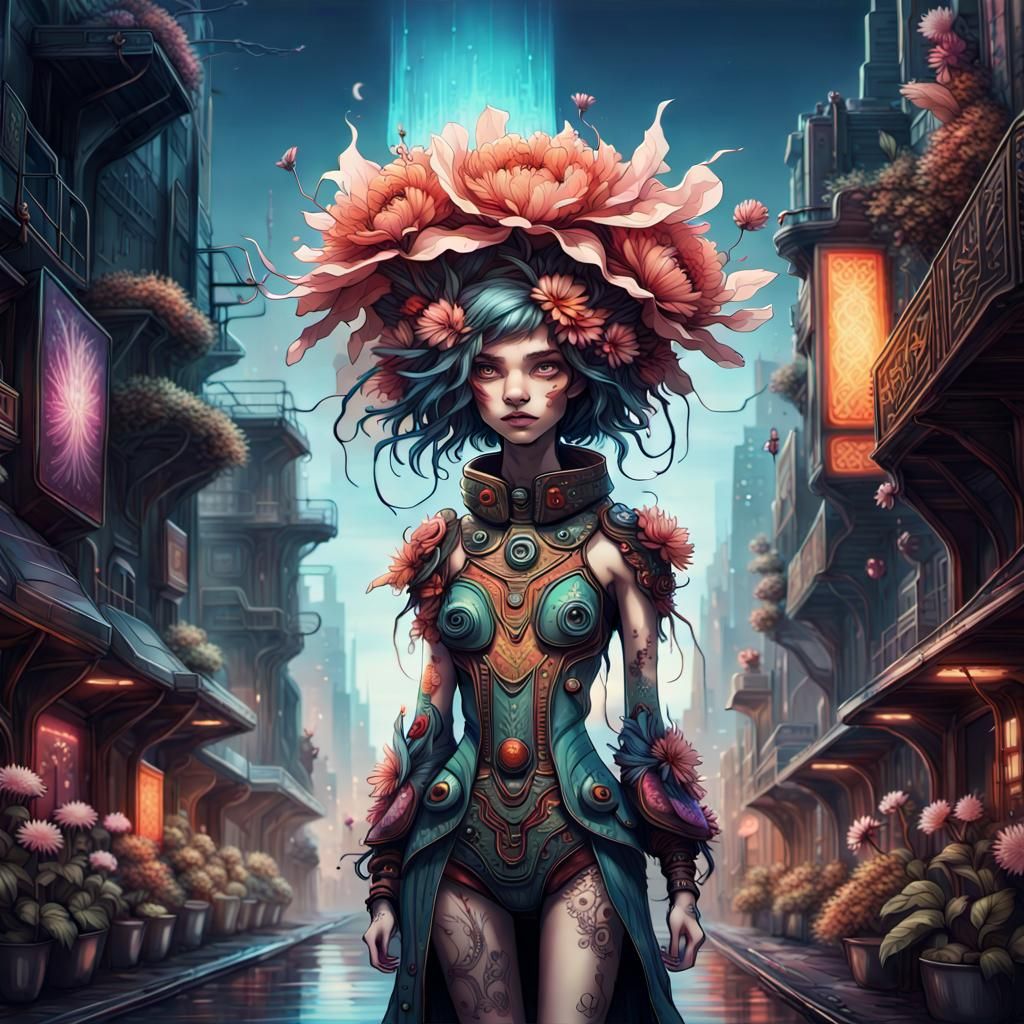 Bohemian Cyberpunk Flower Creature in Urban Fairytale