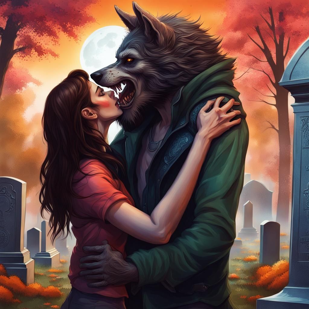Werewolf's Cemetery Kiss: Hyperrealistic Splash Art