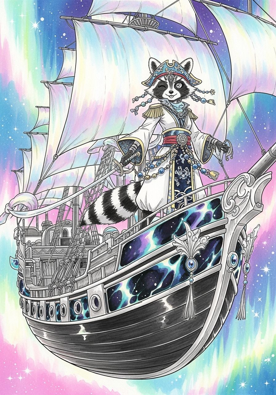 Raccoon Pirate Captain Sailing Nebula, Anime Ink Art