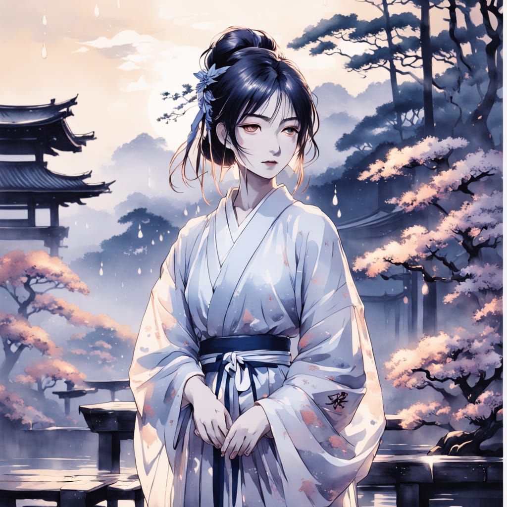 Elegant Samurai Woman in Misty Japanese Garden