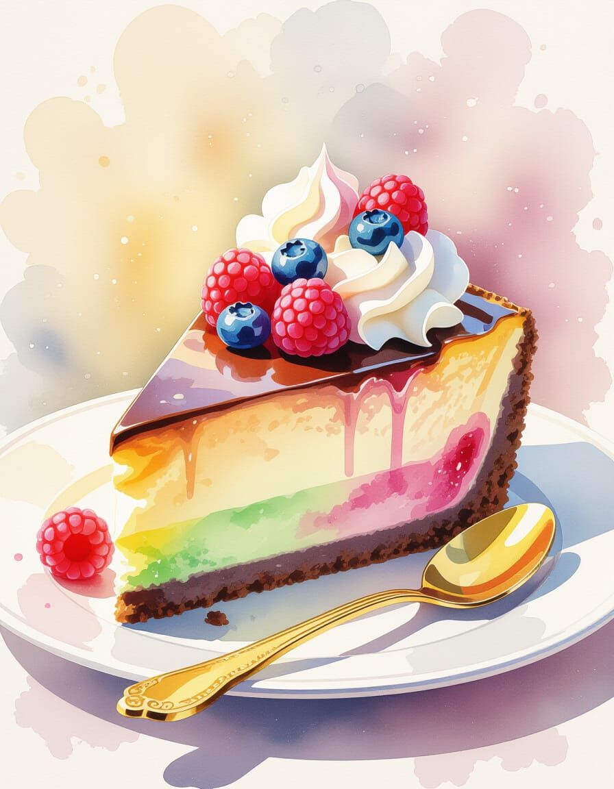 Rainbow Cheesecake Slice: Watercolor Food Art
