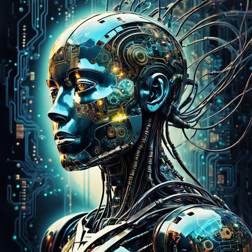 Surreal Cyborg Silhouette with Glowing Circuitry