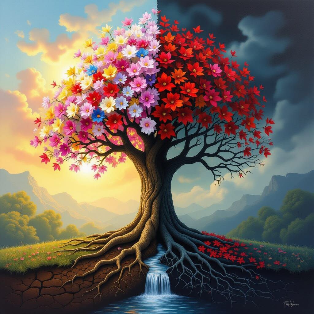 Hyperrealistic Tree with Flowers and Decay