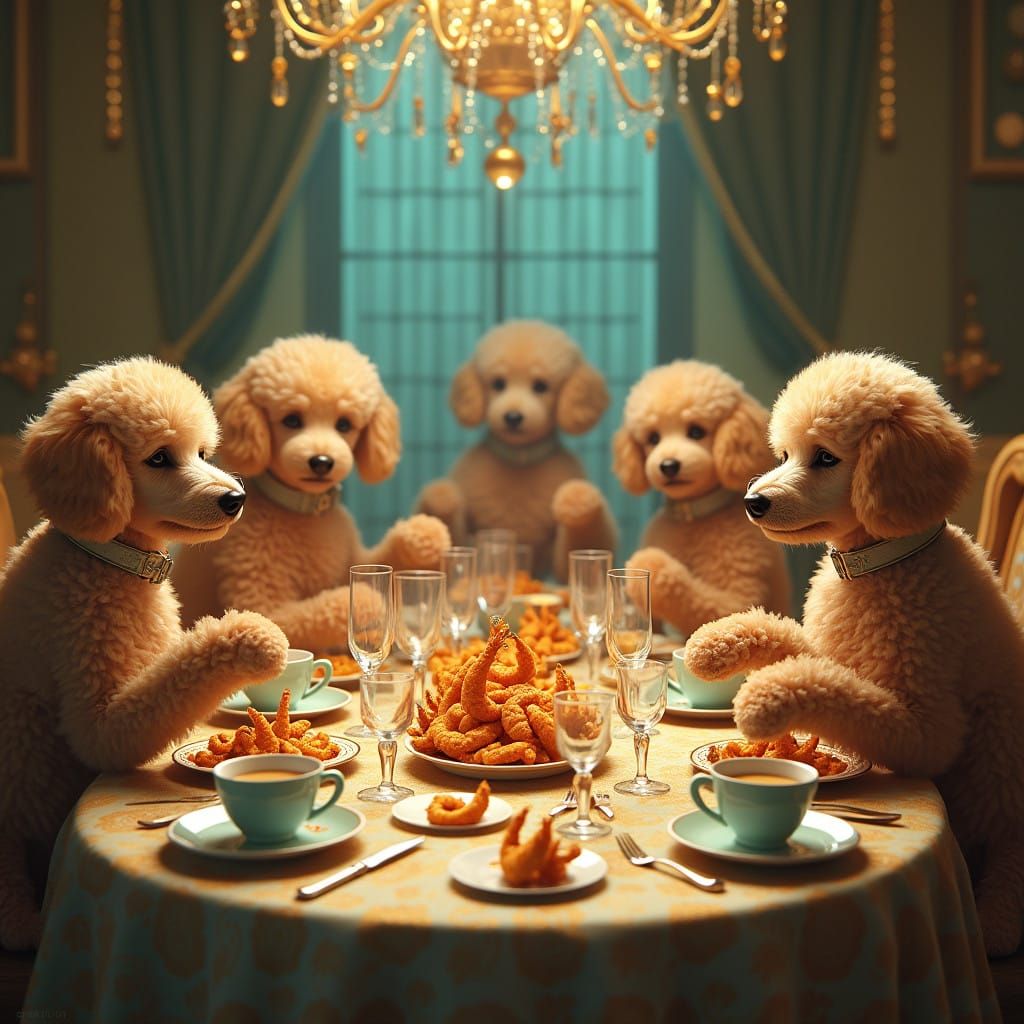 Poodles Enjoy Tempura Prawns in a Fantastical Feast Scene