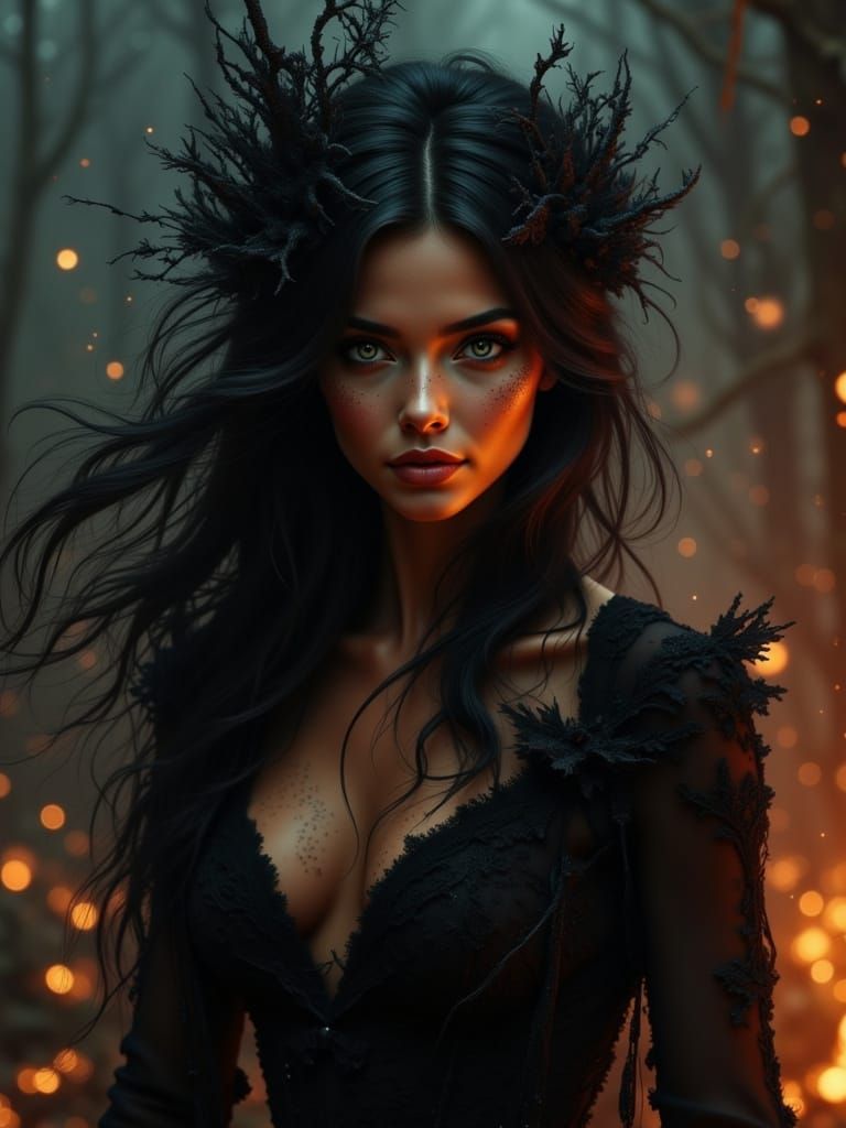 Mysterious Woman in Mist with Gothic & Fiery Hues