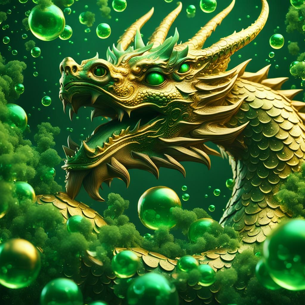 Golden Dragon in Green Bubbles: Fantasy Concept Art