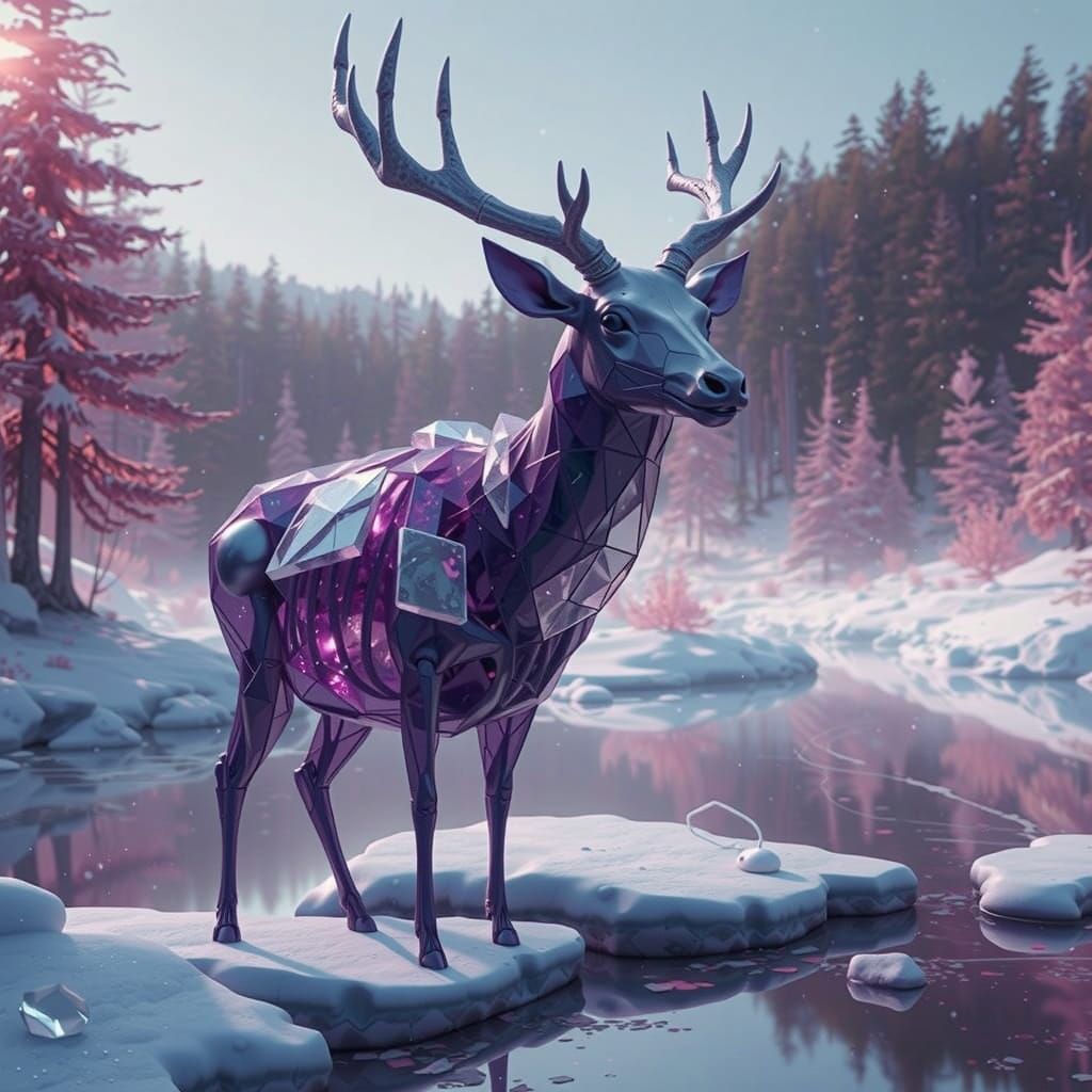 Geode Deer Drinks From Frozen Stream: Surreal 3D Render