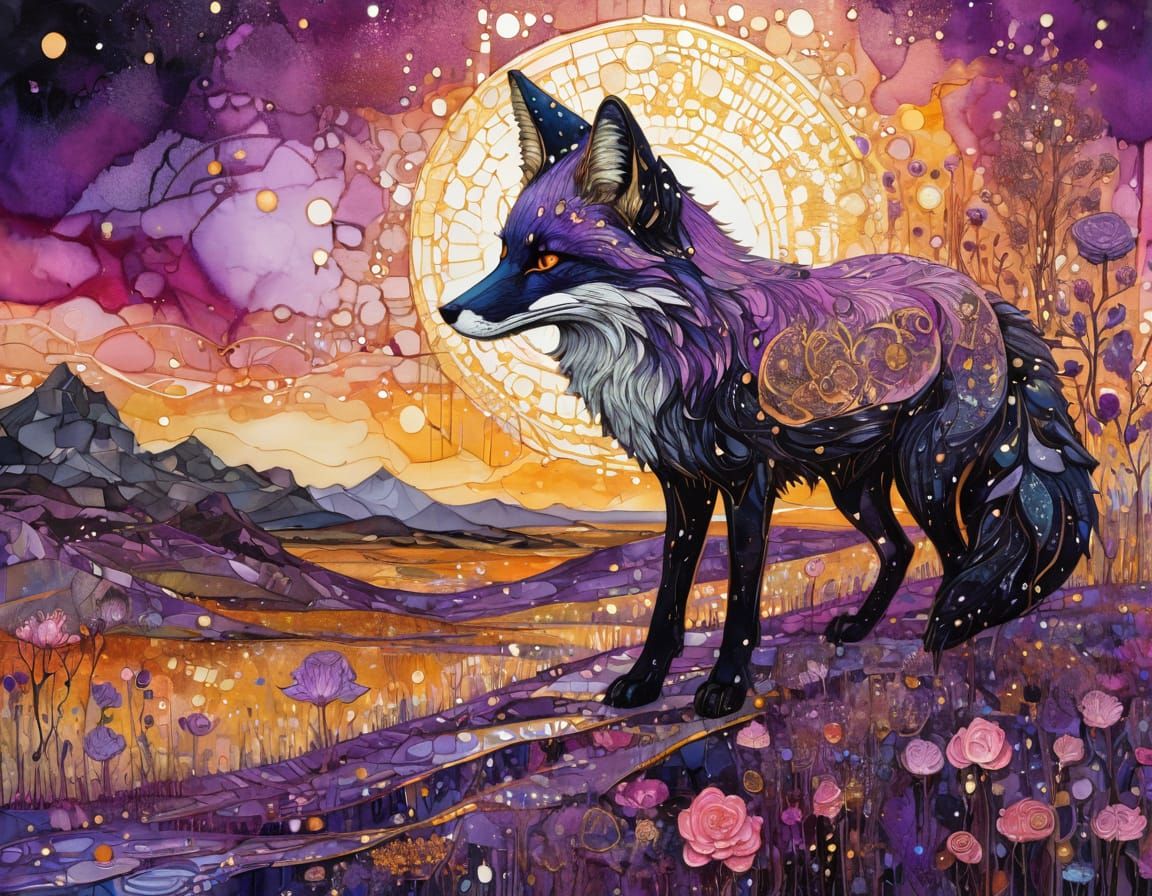 Vivid Black Fox Liquid Ink Illustration