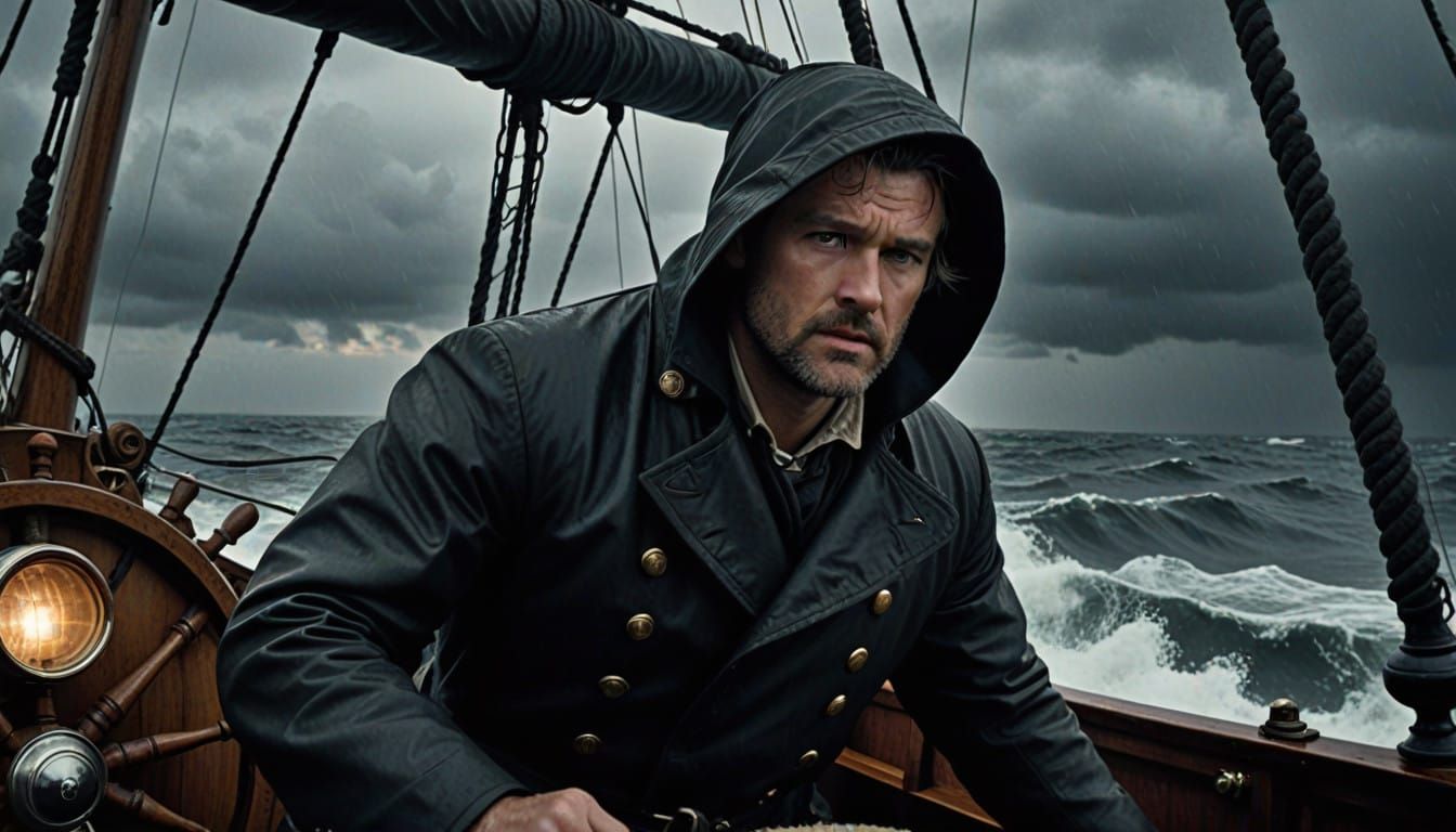Determined Sailor at the Helm in a Stormy 18th-Century Saili...