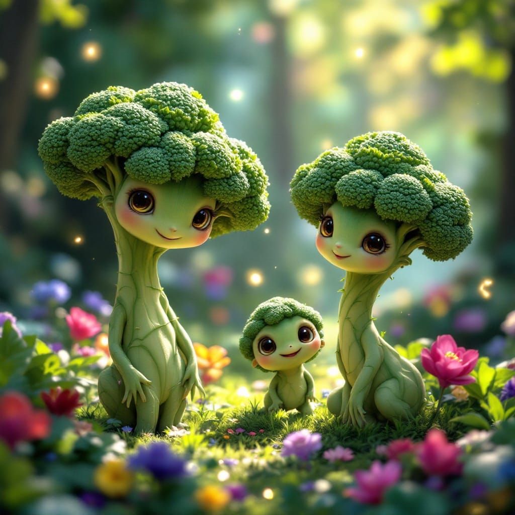 Whimsical Broccoli Beings in an Enchanted Forest