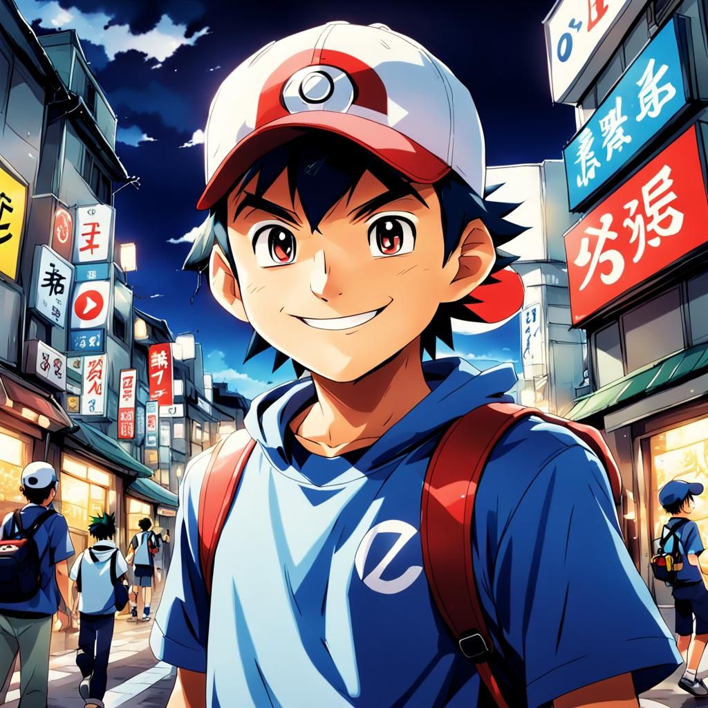 Smiling Ash Ketchum in Anime Style