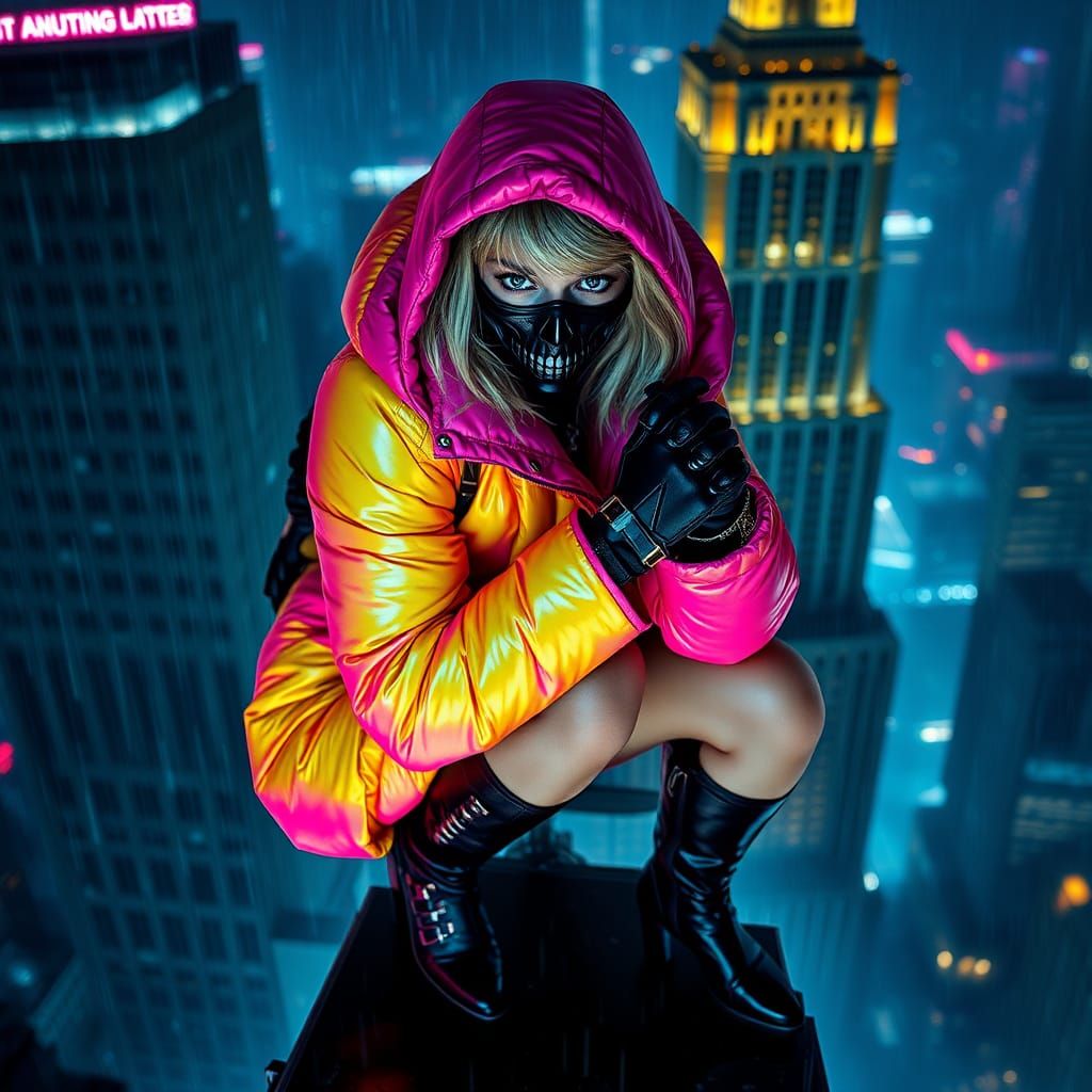 Lethal Assassin with Skull Mask in Cyberpunk Cityscape