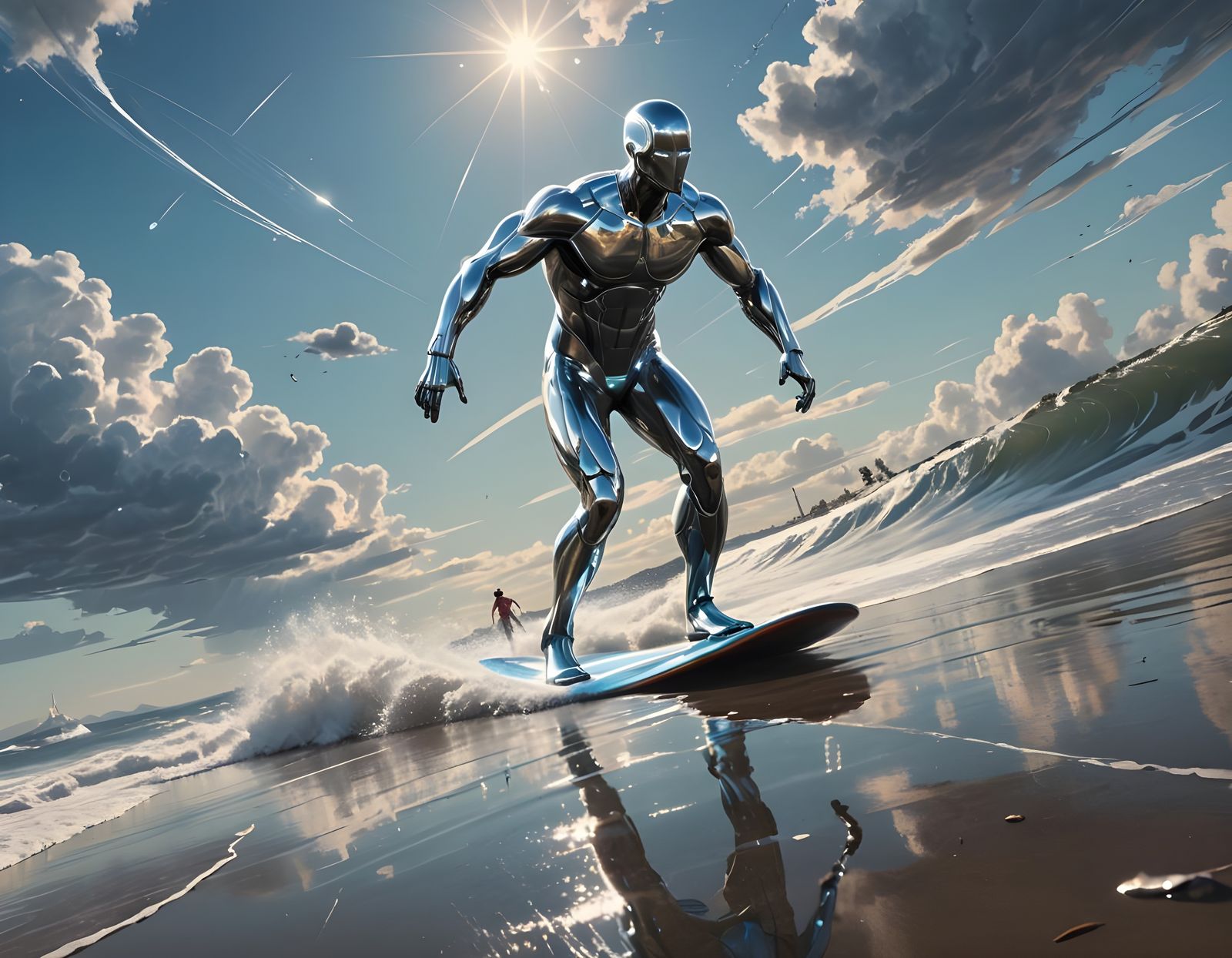 Silver Surfer on Beach in Sci-Fi Art Style