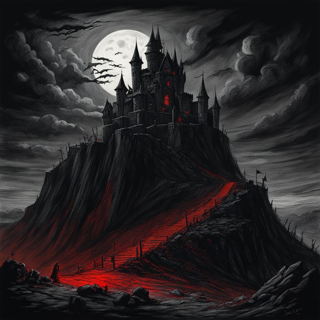 Spooky Hilltop Castle in Dramatic Chiaroscuro Lighting