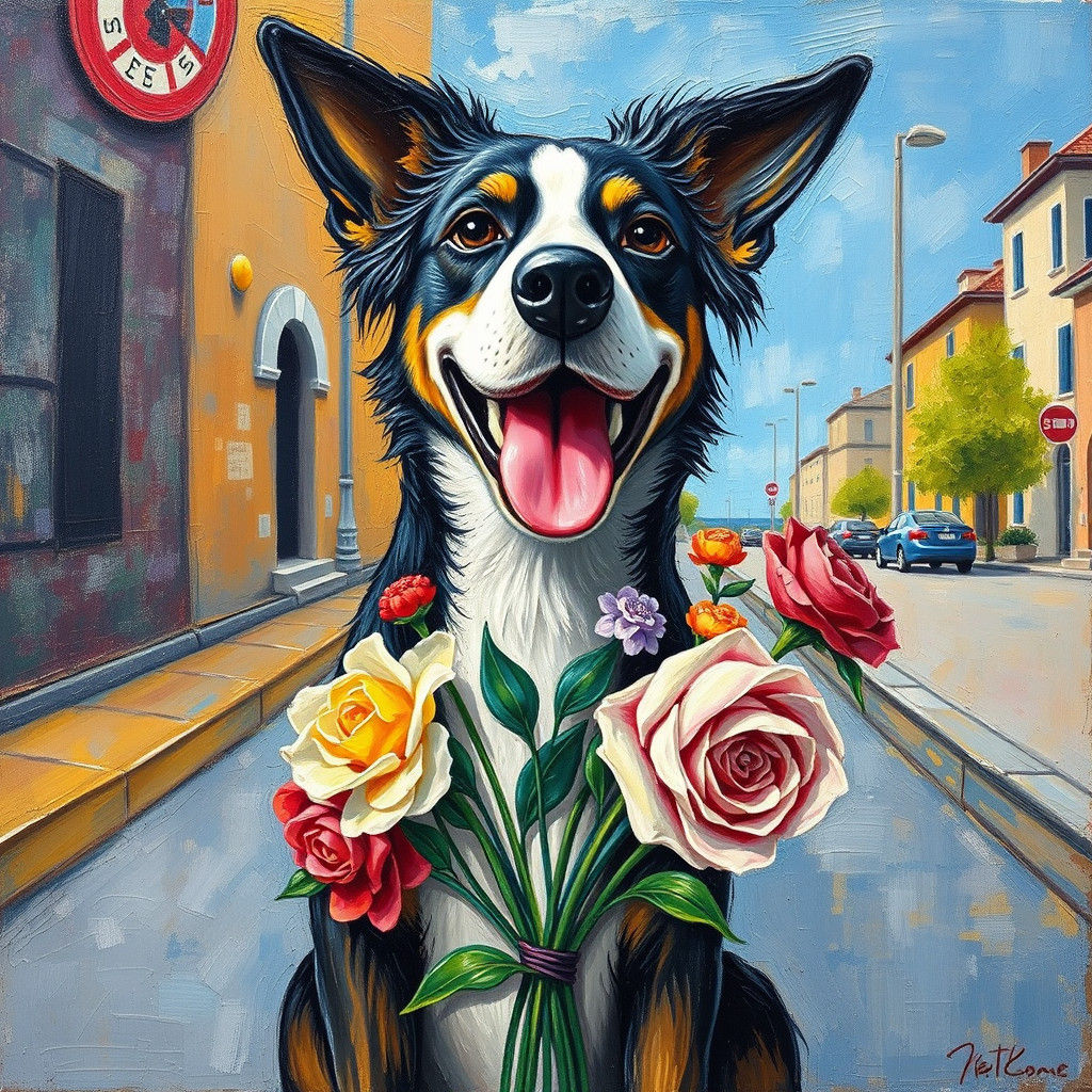 Dog with Flowers in Impressionist Street Art Style