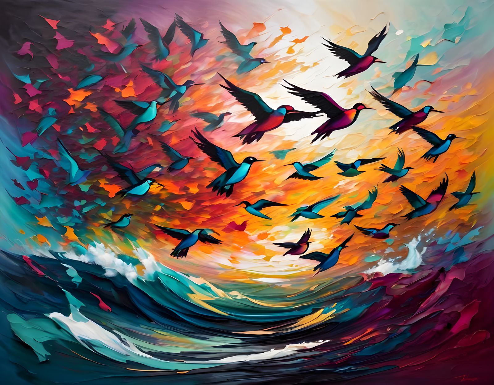 Vibrant Abstract Birds in Flight Over Ocean