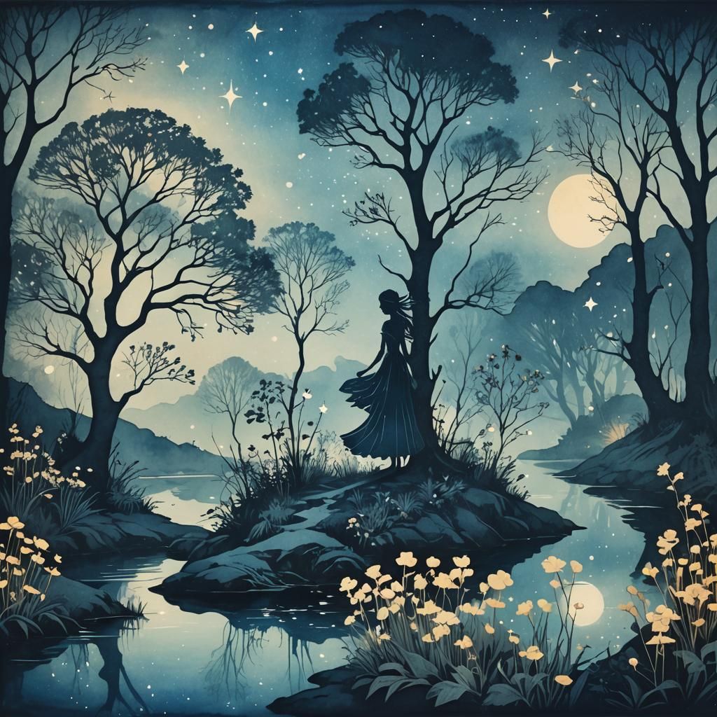 Ethereal cyanotype landscapes, fairy silhouette, trees, flowers, stars, river, fantasy