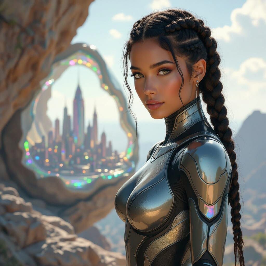 Futuristic Woman Overlooking Crystal City, Art Nouveau Style