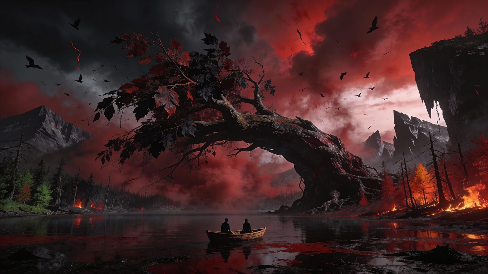 Oppressive Dark Fantasy Landscape with Blood Lake and Twiste...