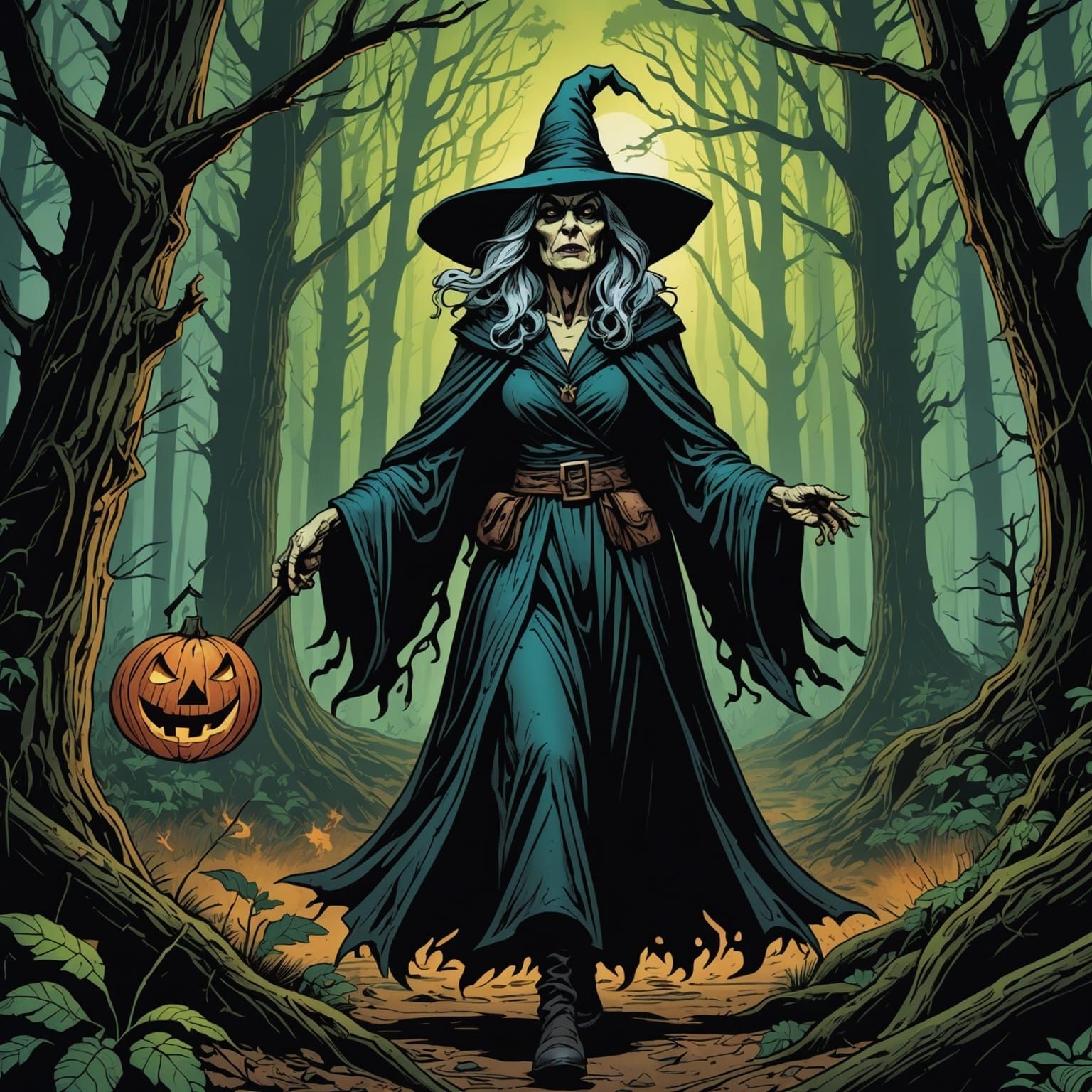 Scary Old Witch in Forest, Comic Book Art