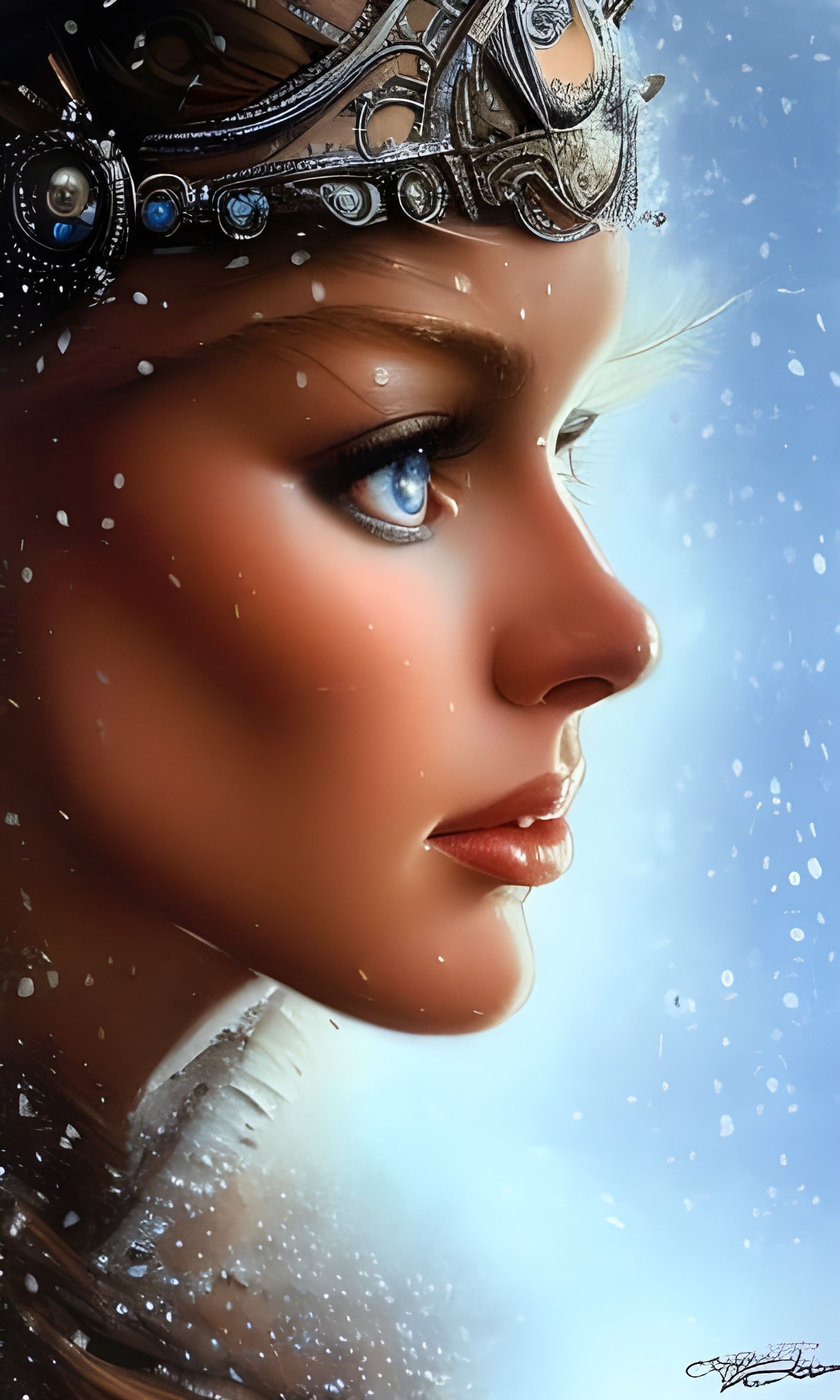 Blue Winter Goddess Portrait in Hyperdetailed Style