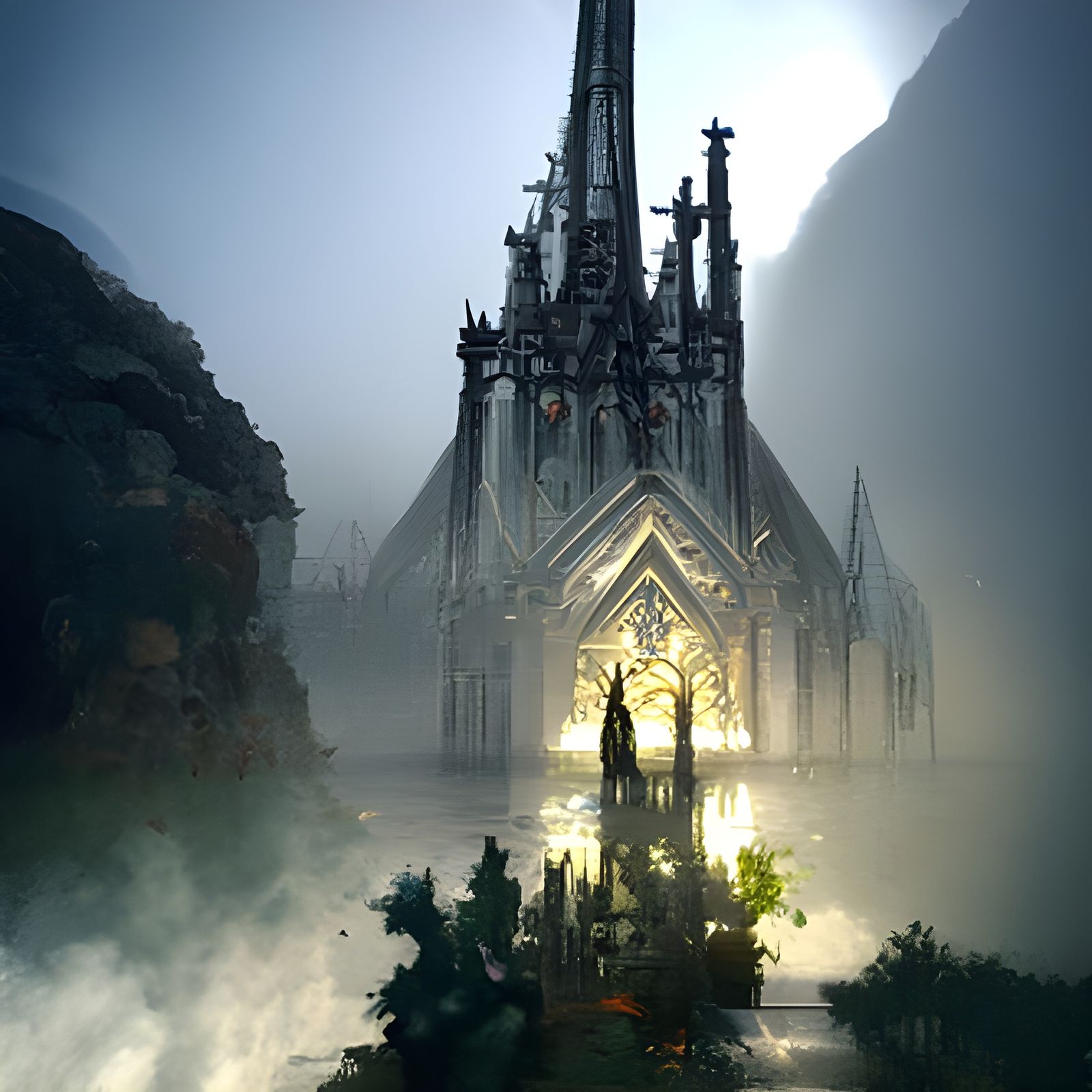 Ethereal Gothic Cathedral in Misty Valley