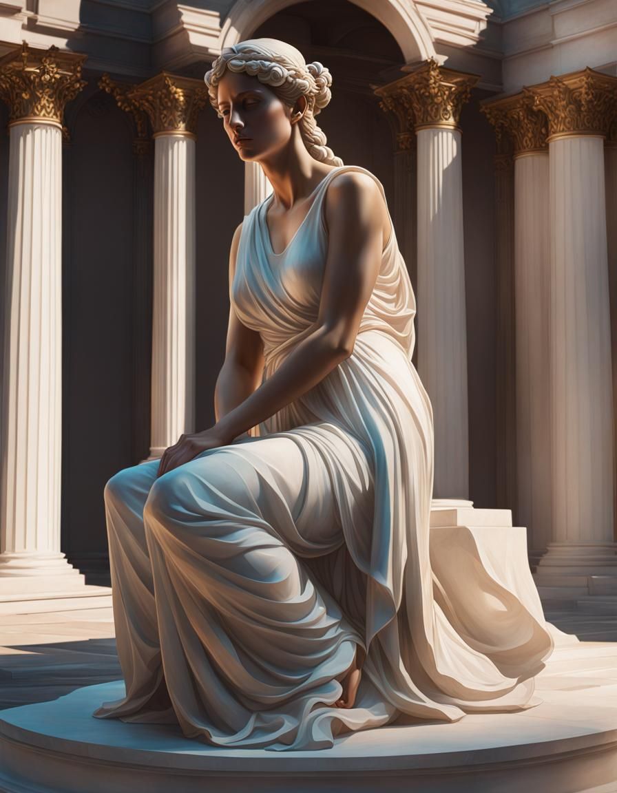 Marble Statue of Crouching Woman in Greek Style