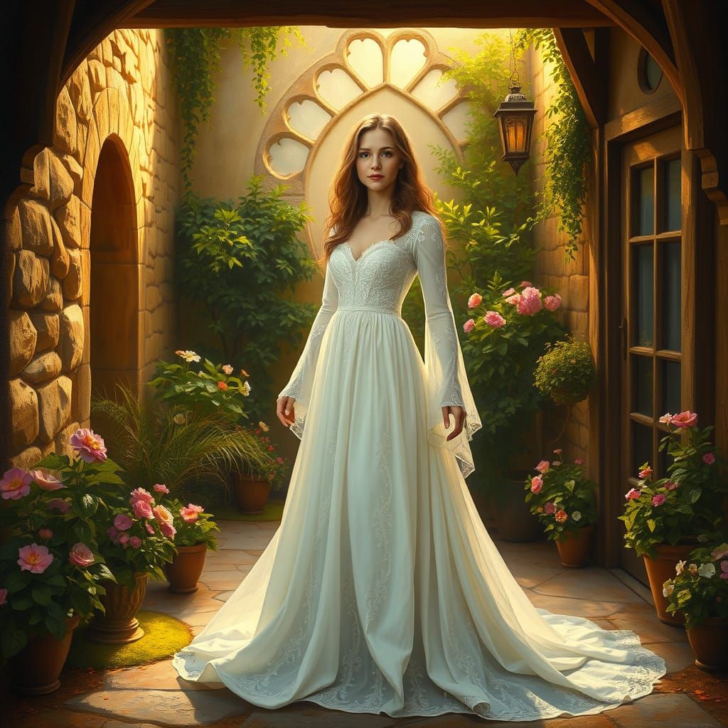 Serene Woman in a Whimsical Garden Scene, Painted in Oil