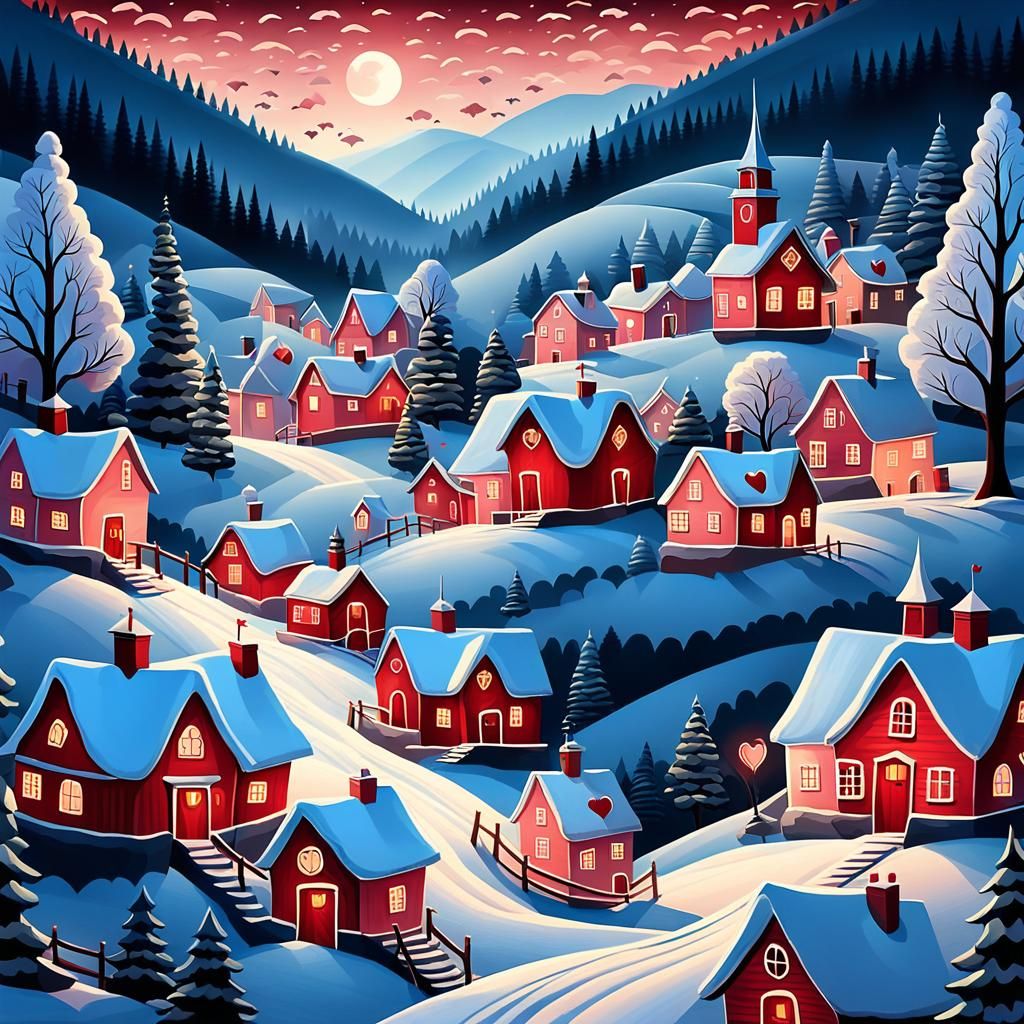 Winter Village Scene in Whimsical Art