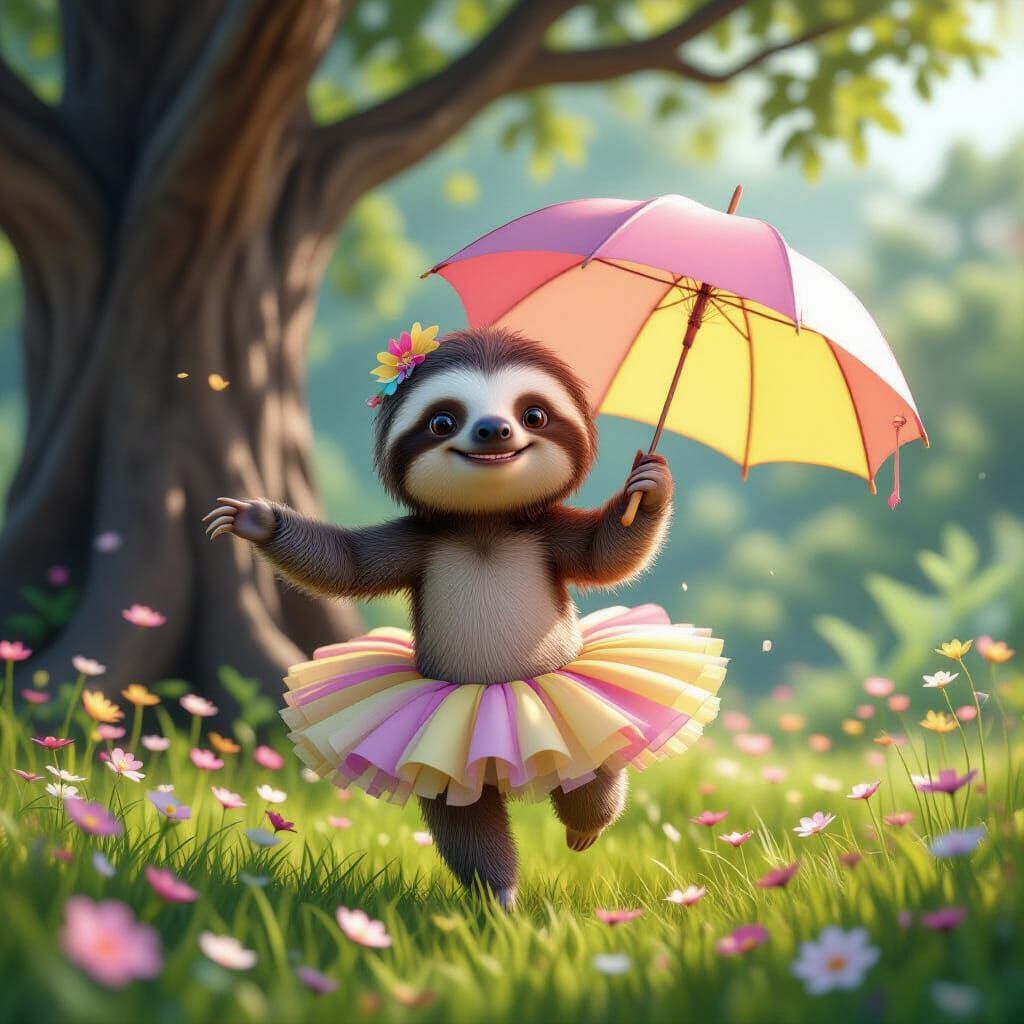 Happy Sloth Dances in Tutu with Umbrella