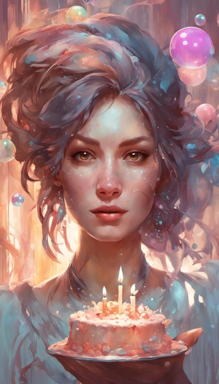 Birthday girl, cake, bubbles, feathers, splashed screen head and shoulders portrait, 8k resolution concept art portrait ...