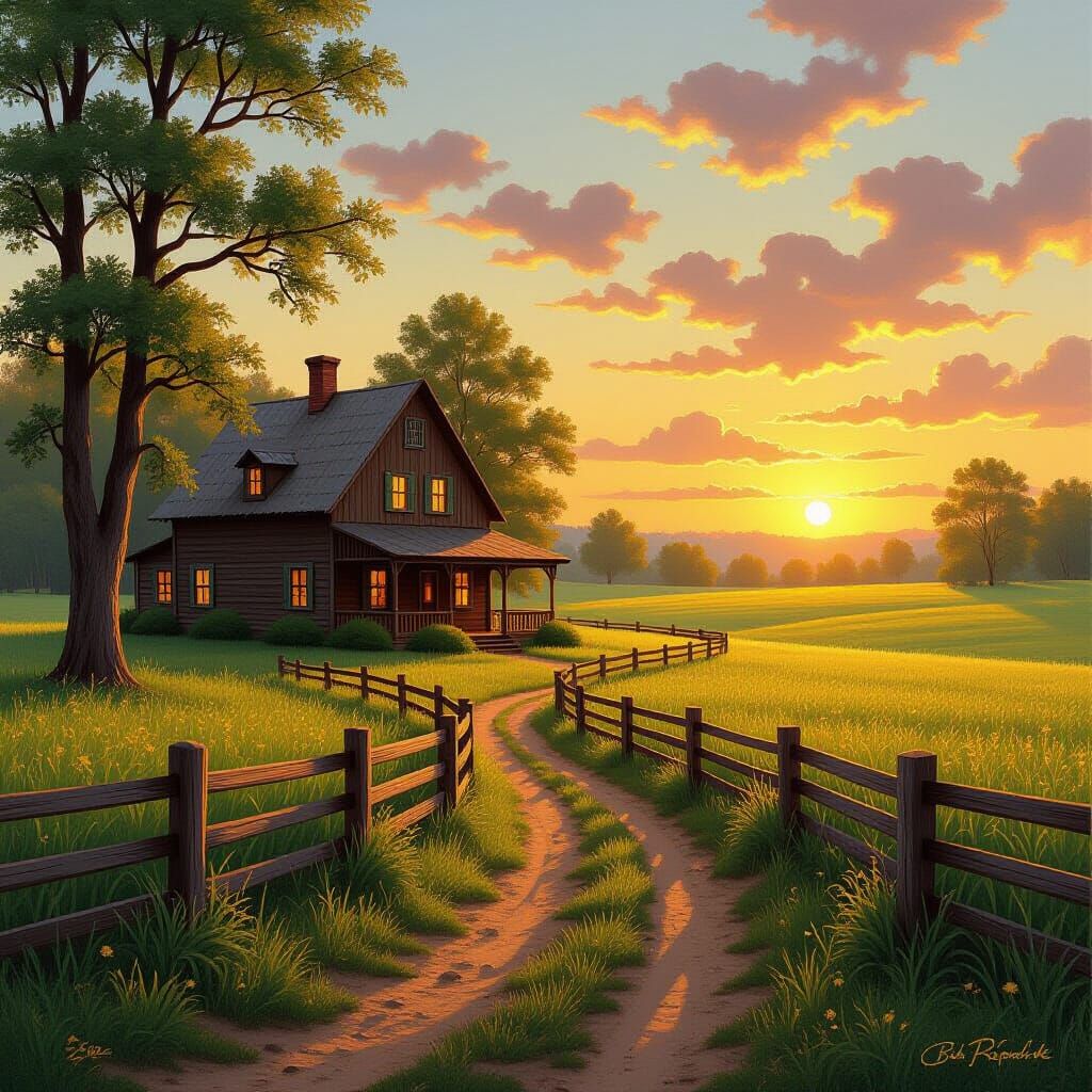 Golden Country Farmhouse in Impressionist Style