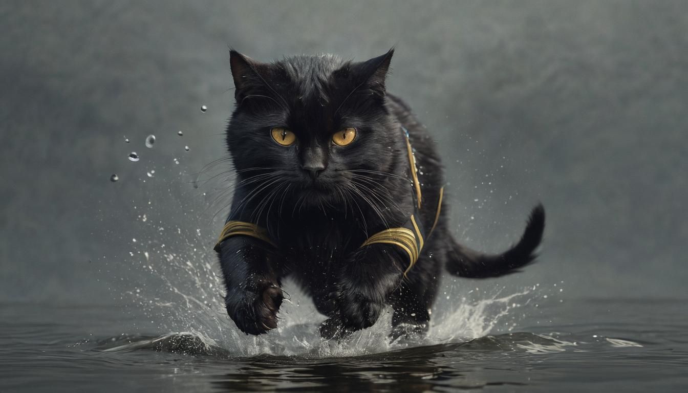 Black Cat Soldier Jumps in Stormy Fjord
