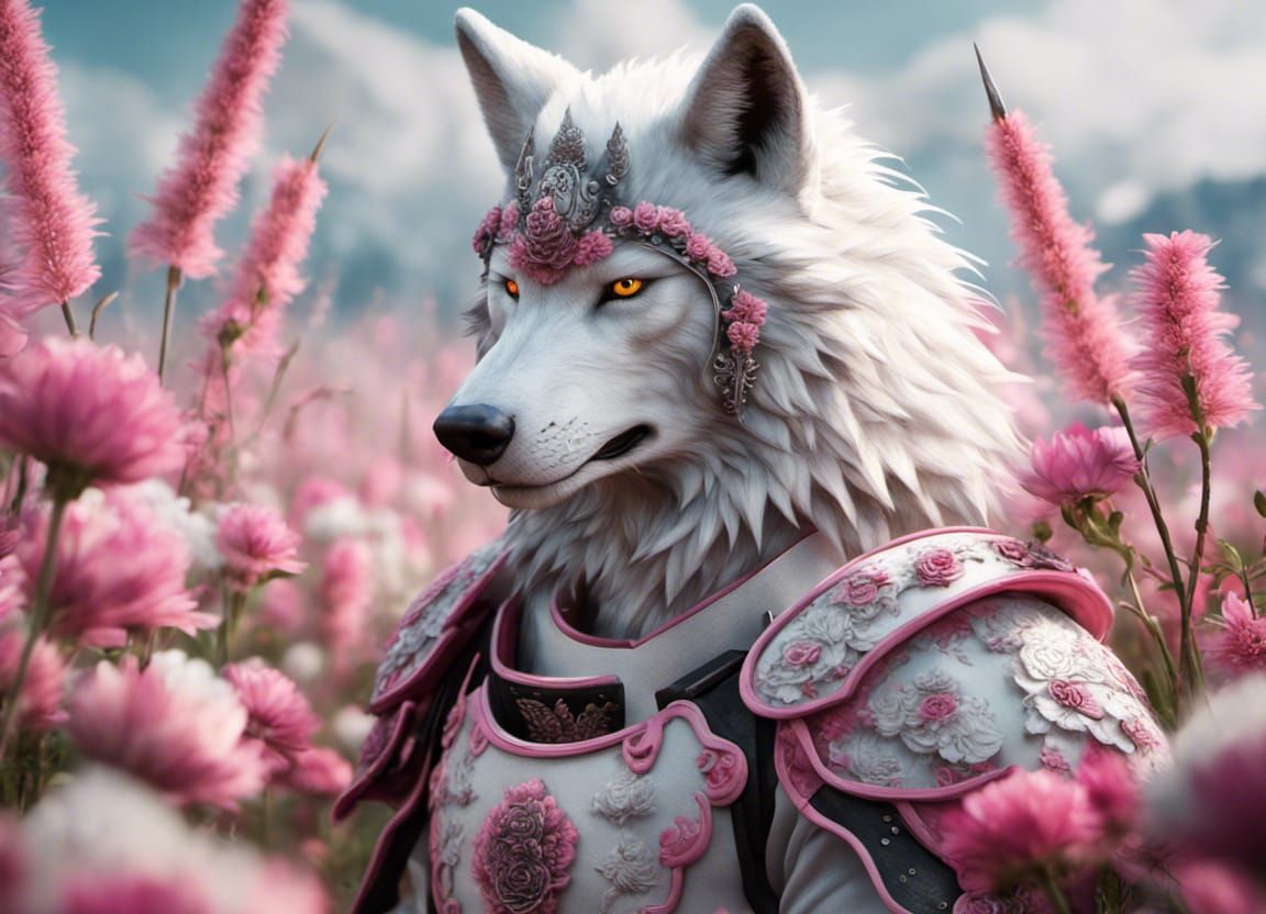 Wolf Samurai in Floral Field: Photorealistic 8K