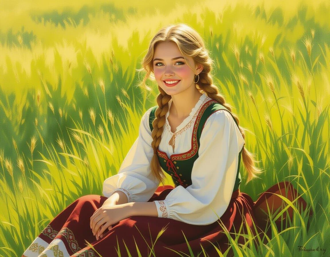 Slavic Woman in Golden Light: Aquarelle Photography