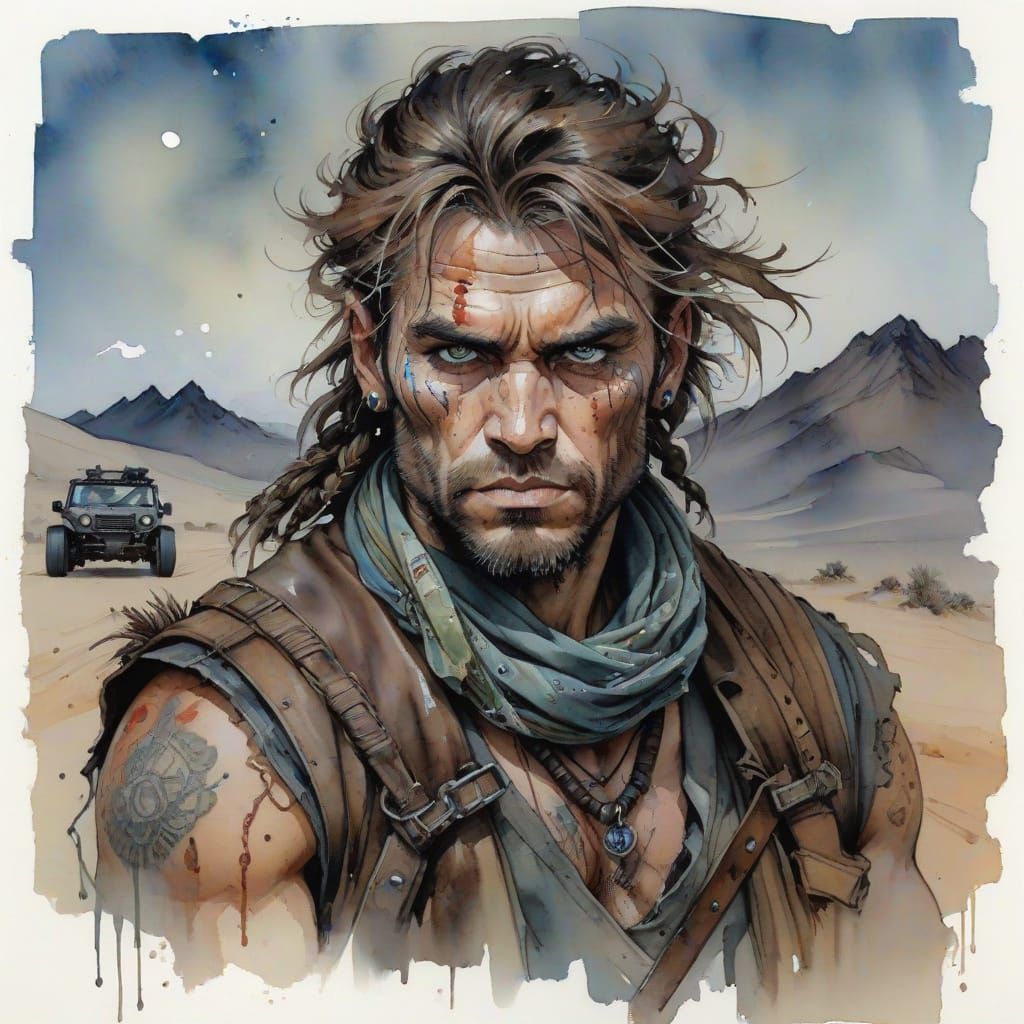 Post-Apocalyptic Road Warrior Portrait in Watercolor