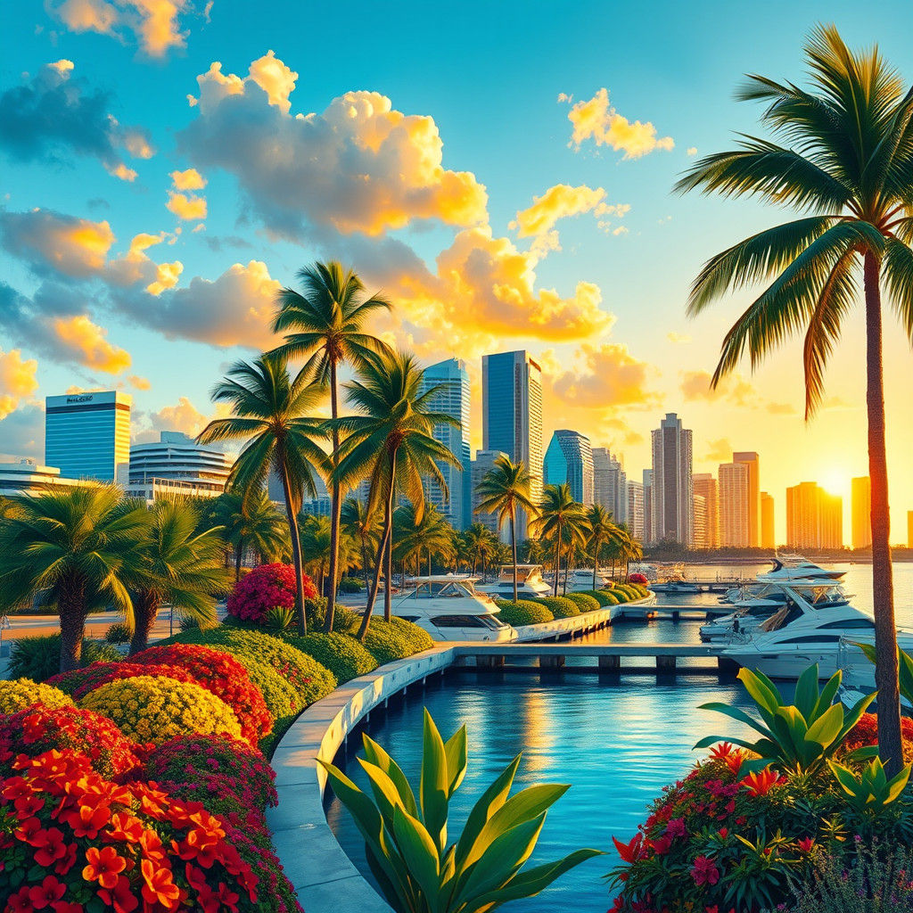 West Palm Beach Skyline with Tropical Waterfront, Painterly ...