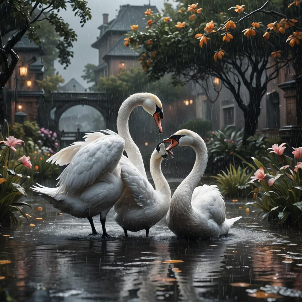 Swans Kissing in Rain: Detailed Fantasy Art
