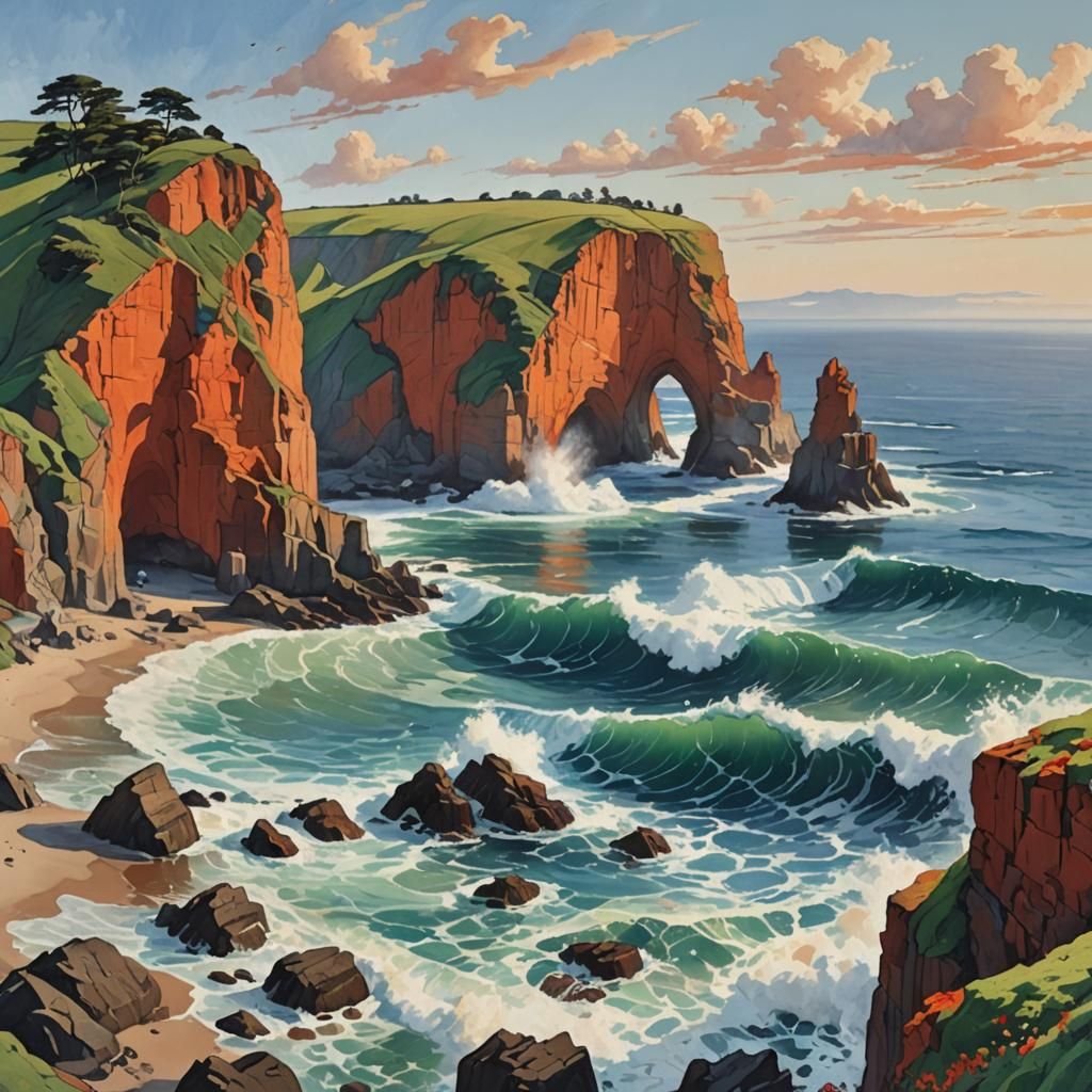 Vibrant Coastal Cliffside Scene, Digital Art