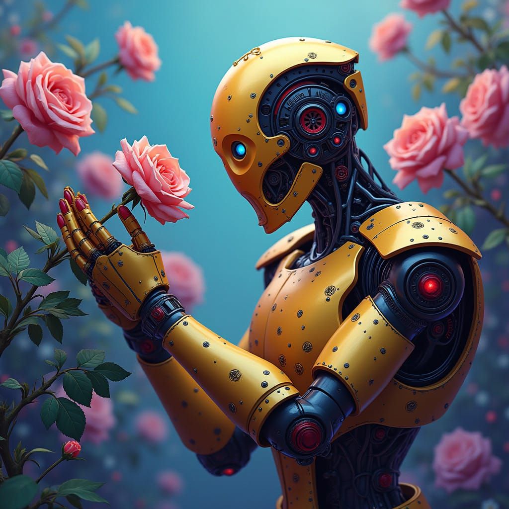 Gilded Robot Captures a Vibrant Rose in a Hyperrealistic Sce...